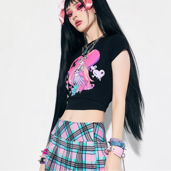 Dolls Kill Current Mood Digital World Anime Graphic Baby Tee Pastel Goth Anime - Picture 5 of 8